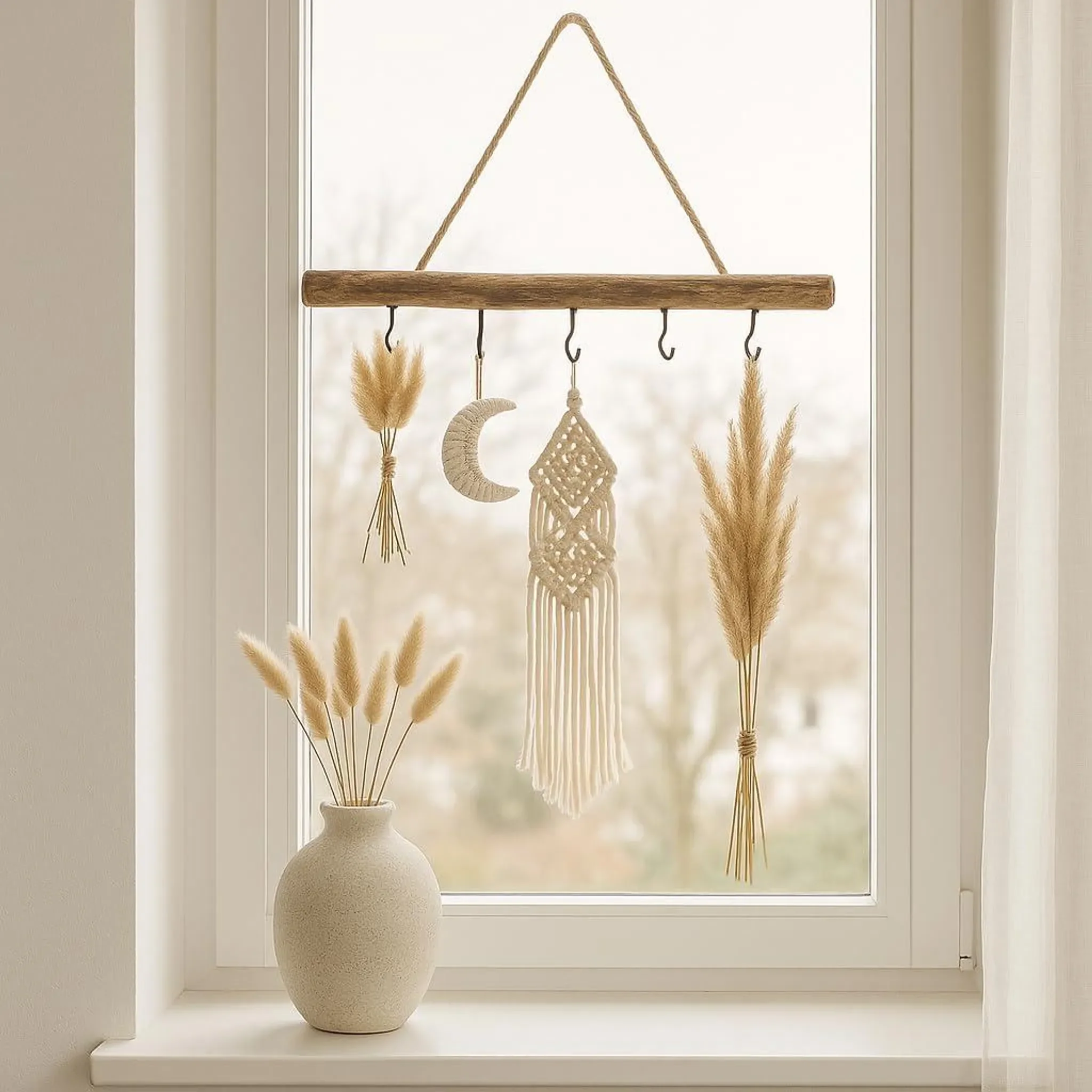 Deko-Holzstange zum Hängen – 50 cm mit 5 Haken & Naturkordel